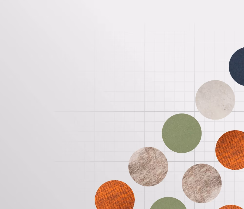 Tavola campioni con dischi di finiture in colori e materiali diversi su fondo bianco