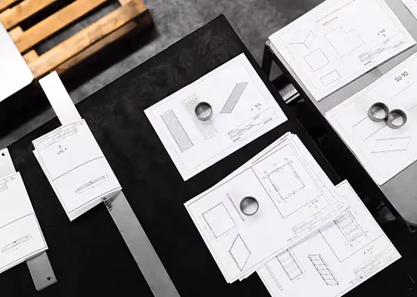 White architectural drawings with rings and rulers on a black table, in a design studio.