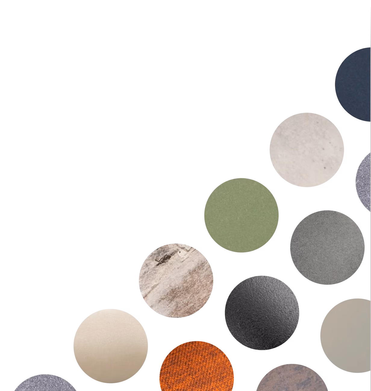 Runde Muster der Modularte-Ausführungen: Farben, Metalle, Steine und Stoffe