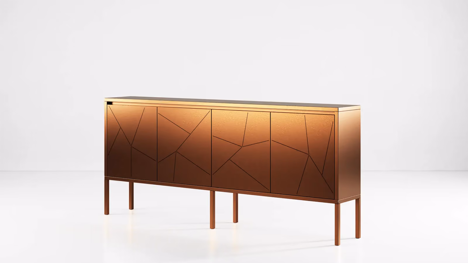 Modularte Aura Open Außen-Sideboard mit goldener Metalloberfläche, auf Füßen erhöht, für moderne Patios.