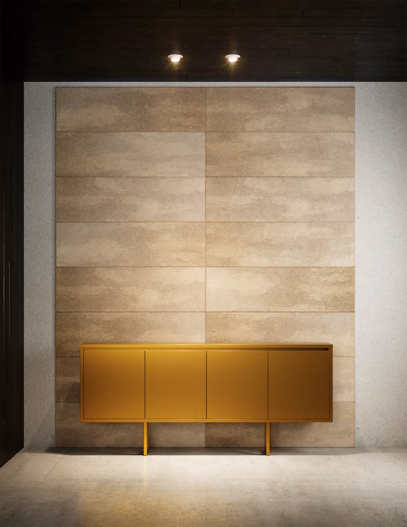 Modularte Aura Open Außen-Sideboard aus Metall in Gold, witterungsbeständig und minimalistisch gestaltet, für innen und außen.