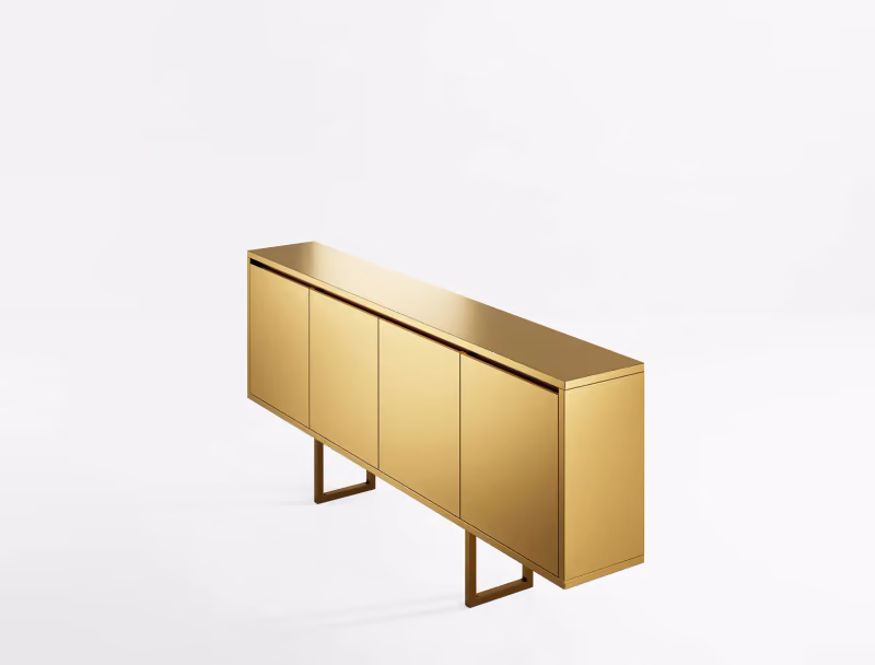 Modernes Modularte Aura Open Sideboard mit mattgoldener Metalloberfläche, perspektivisch von oben auf weißem Grund, für Luxuseinrichtungen.