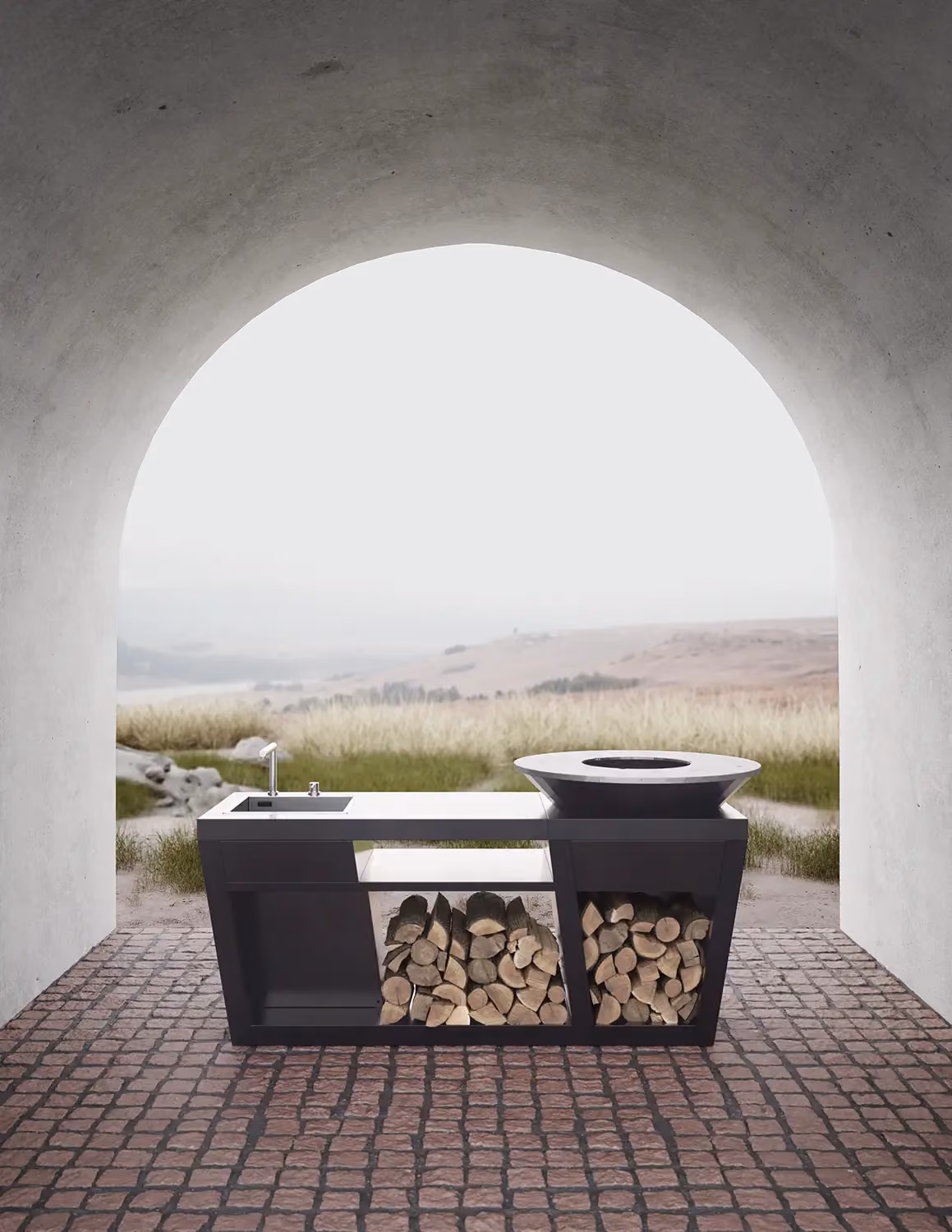 Cuisine d'extérieur design Modularte modèle Commodo : monobloc avec barbecue à bois, évier et niches à bûches intégrées pour jardins de prestige.