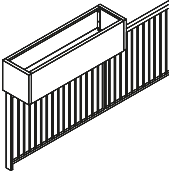 Technical drawing, isometric: linear planter mounted on a balustrade of vertical slats