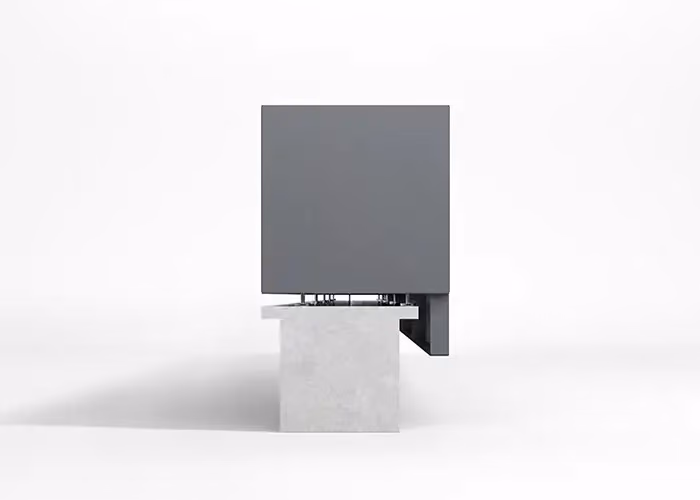 Side view of a modern suspended planter in dark grey metal with an integrated structural support, photographed on a minimal white ground.