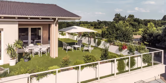 Terrace with a pergola and modular planters framing the dining area, over a garden