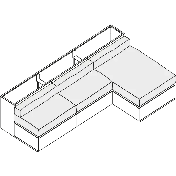 Technische Zeichnung, isometrisch: L-förmiges Modulsofa mit hervorgehobener Sitzfläche und Lehne