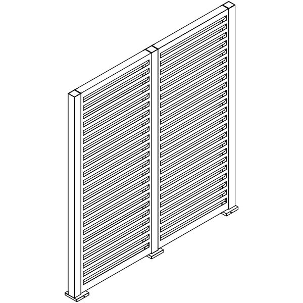 Dessin technique, isométrique : deux panneaux brise-vue à lattes horizontales sur pieds