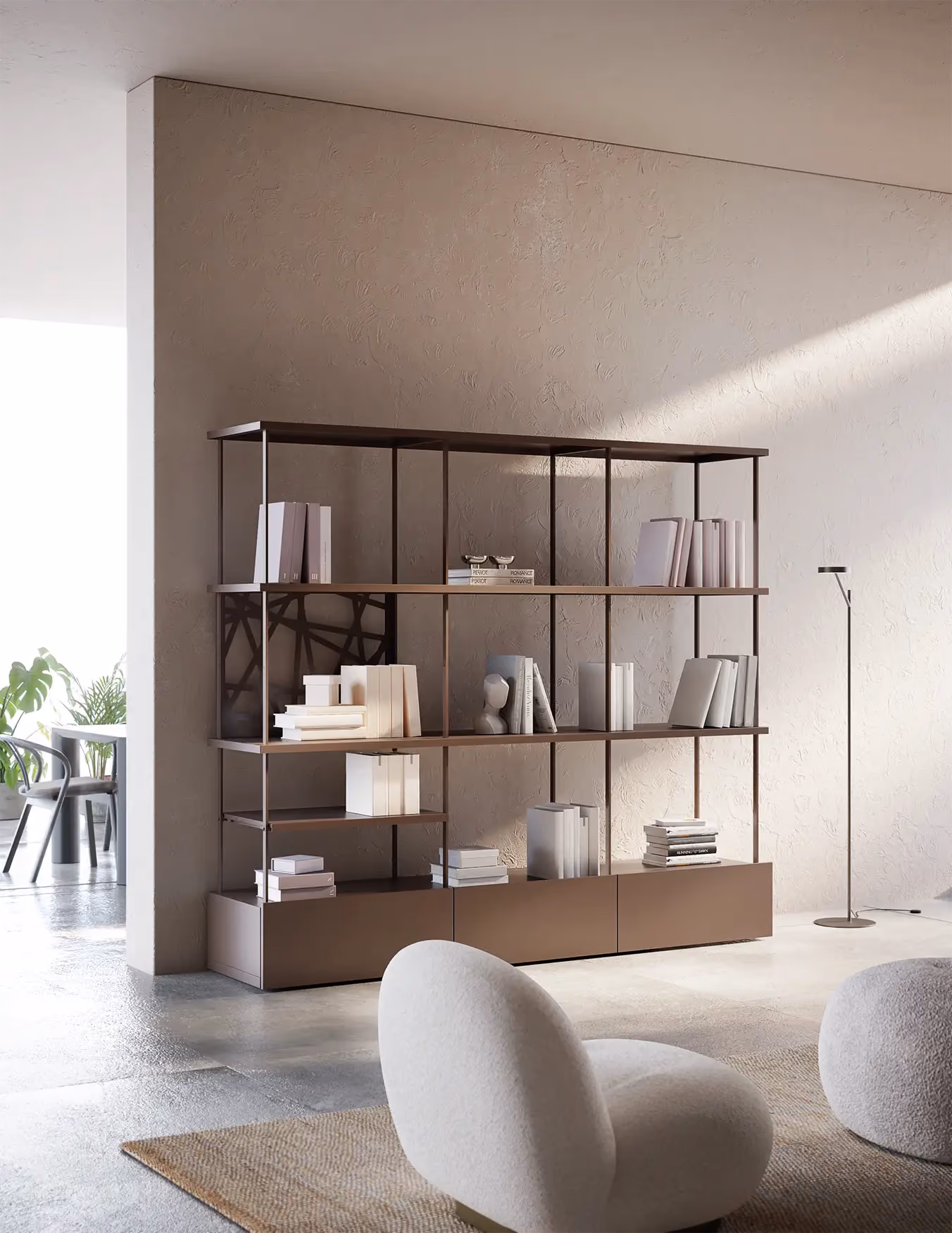 Modularte Green Book modular metal bookcase for indoors and out, in a bronze-brown finish in a minimal living space.