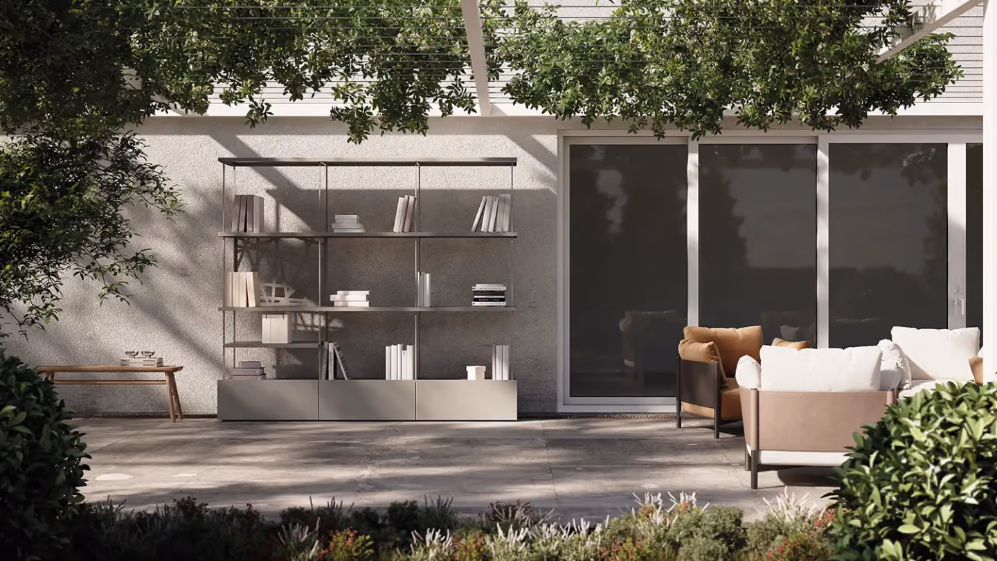 Modularte Green Book outdoor bookcase: modular metal shelving for terrace and garden with matching lounge seating.