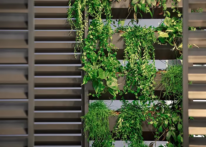 Detail eines modularen vertikalen Gartens mit grünen Hängepflanzen, montiert zwischen waagerecht gelatteten Sichtschutzpaneelen.