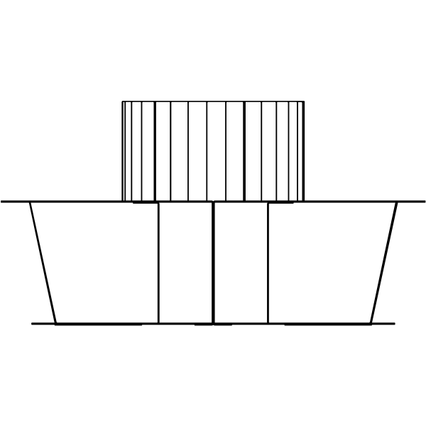 Technical drawing: flared fire pit in section, with the internal log basket