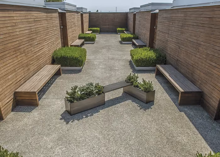 Minimal outdoor space with wooden benches and rectangular modular planters holding green shrubs and decorative plants.