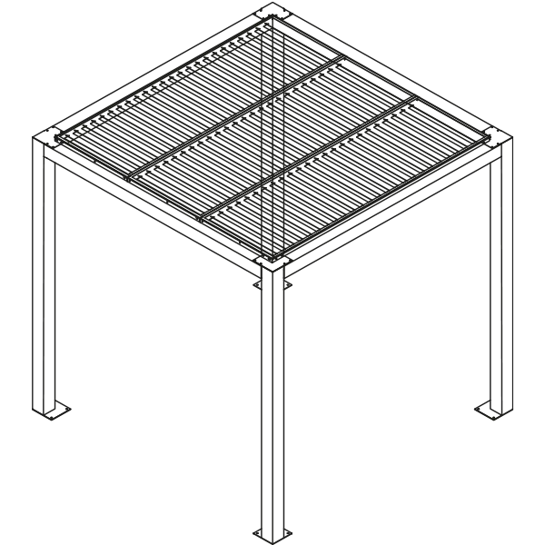 Technical drawing, isometric: pergola on four uprights with a louvred roof
