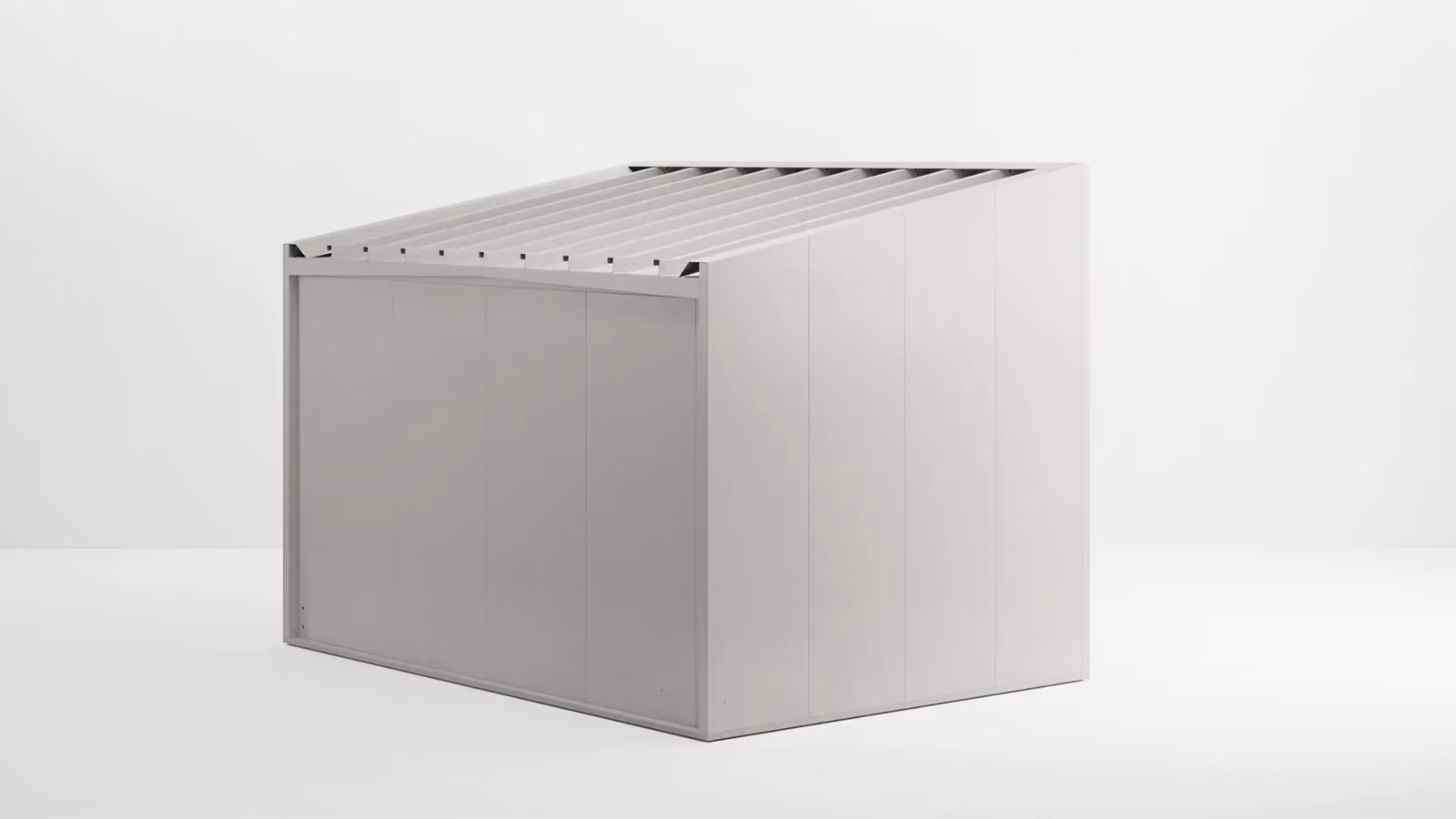Pergola chiusa e box di design Smart Box Modularte in finitura bianca con faretti LED integrati, ideale come dependance o studio esterno.