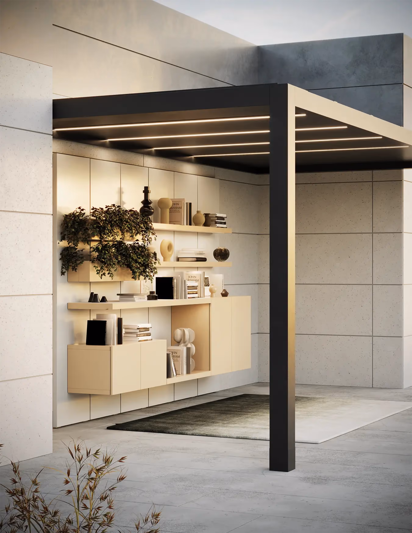Komplettes Modularte-Außenambiente: das Vista-Wall-System unter einer modernen Pergola mit integrierter LED-Beleuchtung und Hängepflanzgefäßen.