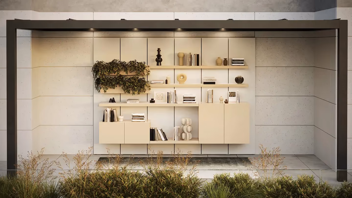 Vista Wall Außenwandsystem von Modularte: modulare Wandverkleidung mit Regalen, Stauräumen und integrierten Pflanzgefäßen für Luxusterrassen.