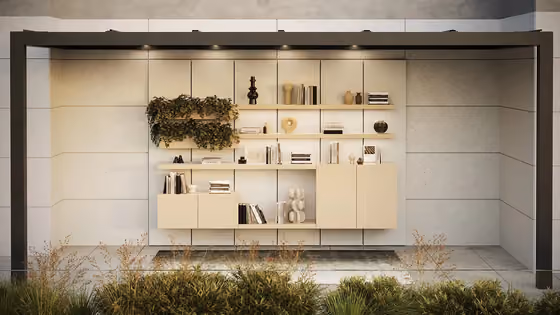 Parete attrezzata outdoor Vista Wall di Modularte: sistema boiserie modulare con mensole, vani contenitori e fioriere integrate per terrazzi di lusso.